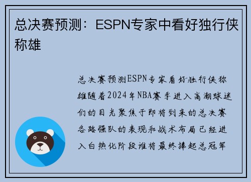 总决赛预测：ESPN专家中看好独行侠称雄