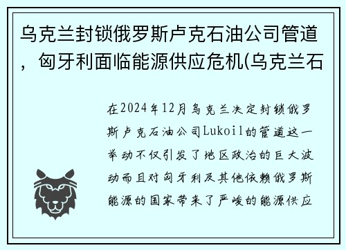 乌克兰封锁俄罗斯卢克石油公司管道，匈牙利面临能源供应危机(乌克兰石油储量)