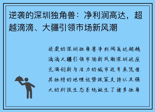 逆袭的深圳独角兽：净利润高达，超越滴滴、大疆引领市场新风潮