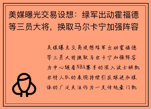 美媒曝光交易设想：绿军出动霍福德等三员大将，换取马尔卡宁加强阵容