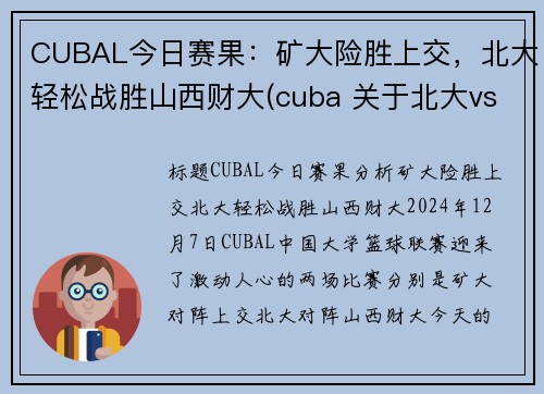 CUBAL今日赛果：矿大险胜上交，北大轻松战胜山西财大(cuba 关于北大vs矿大 声明)