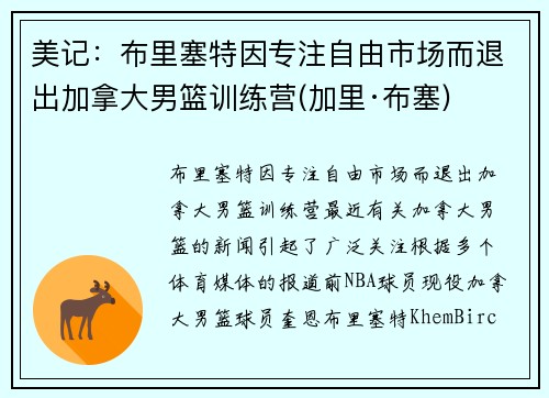 美记：布里塞特因专注自由市场而退出加拿大男篮训练营(加里·布塞)