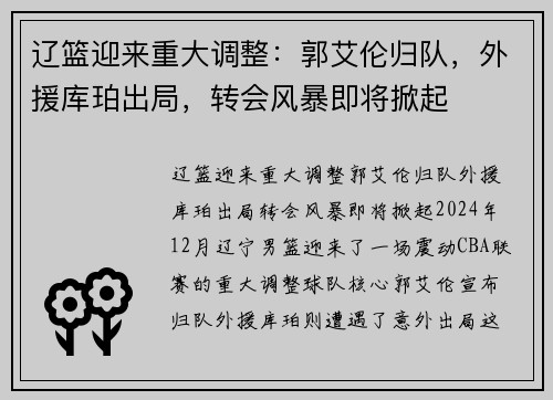 辽篮迎来重大调整：郭艾伦归队，外援库珀出局，转会风暴即将掀起