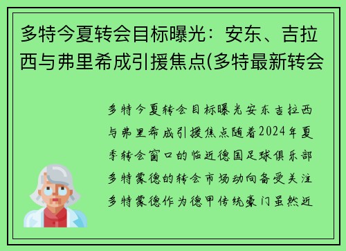 多特今夏转会目标曝光：安东、吉拉西与弗里希成引援焦点(多特最新转会)