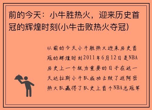 前的今天:小牛胜热火,迎来历史首冠的辉煌时刻(小牛击败热火夺冠)